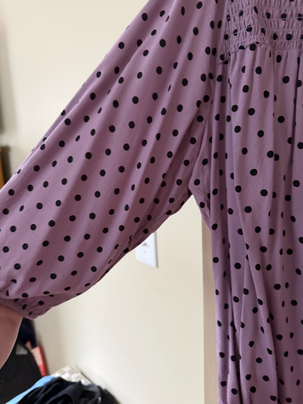 croft & barrow Lavender Polka Dot Smocked Blouse - Picture 5 of 9